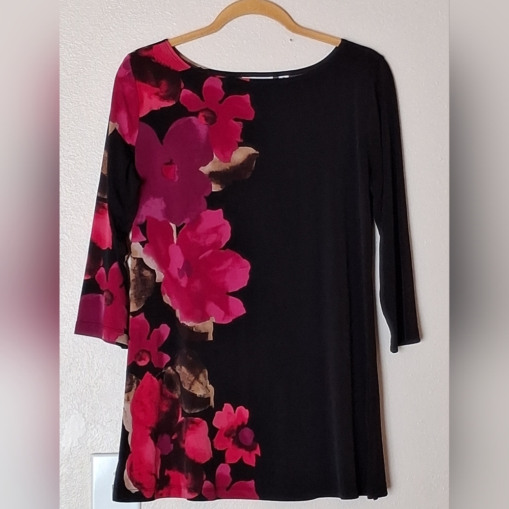 Susan Graver Black Tunic with Bold Pink Floral Side Print, Size M